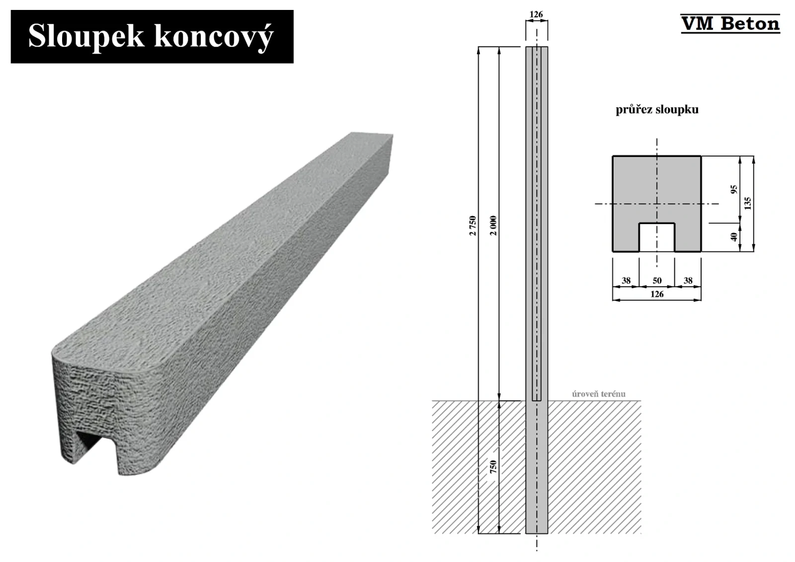 Výkres koncového betonového sloupku VM BETON s kótami