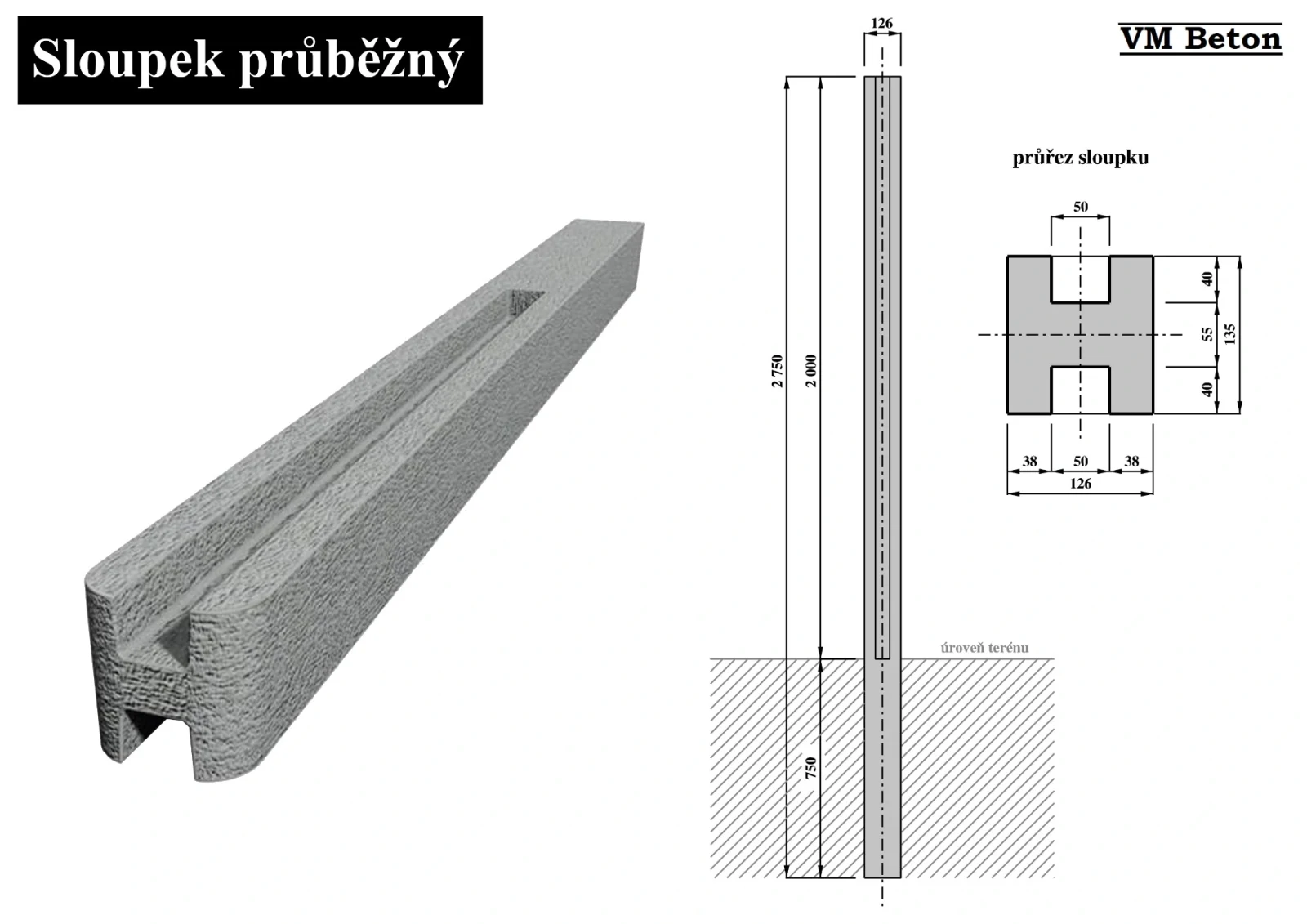 Výkres průběžného betonového sloupku VM BETON s kótami